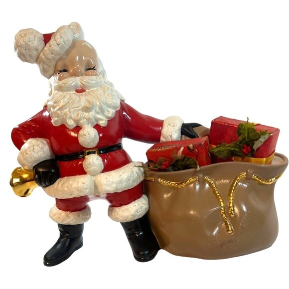 Vtg '70 Santa Claus Jolly St Nick Ceramic Figurine Gift bag bell homemade signed - Picture 1 of 9